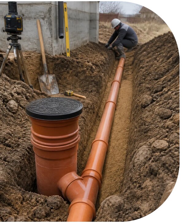 Монтаж самотечной канализации для домов и объектов в Коркине